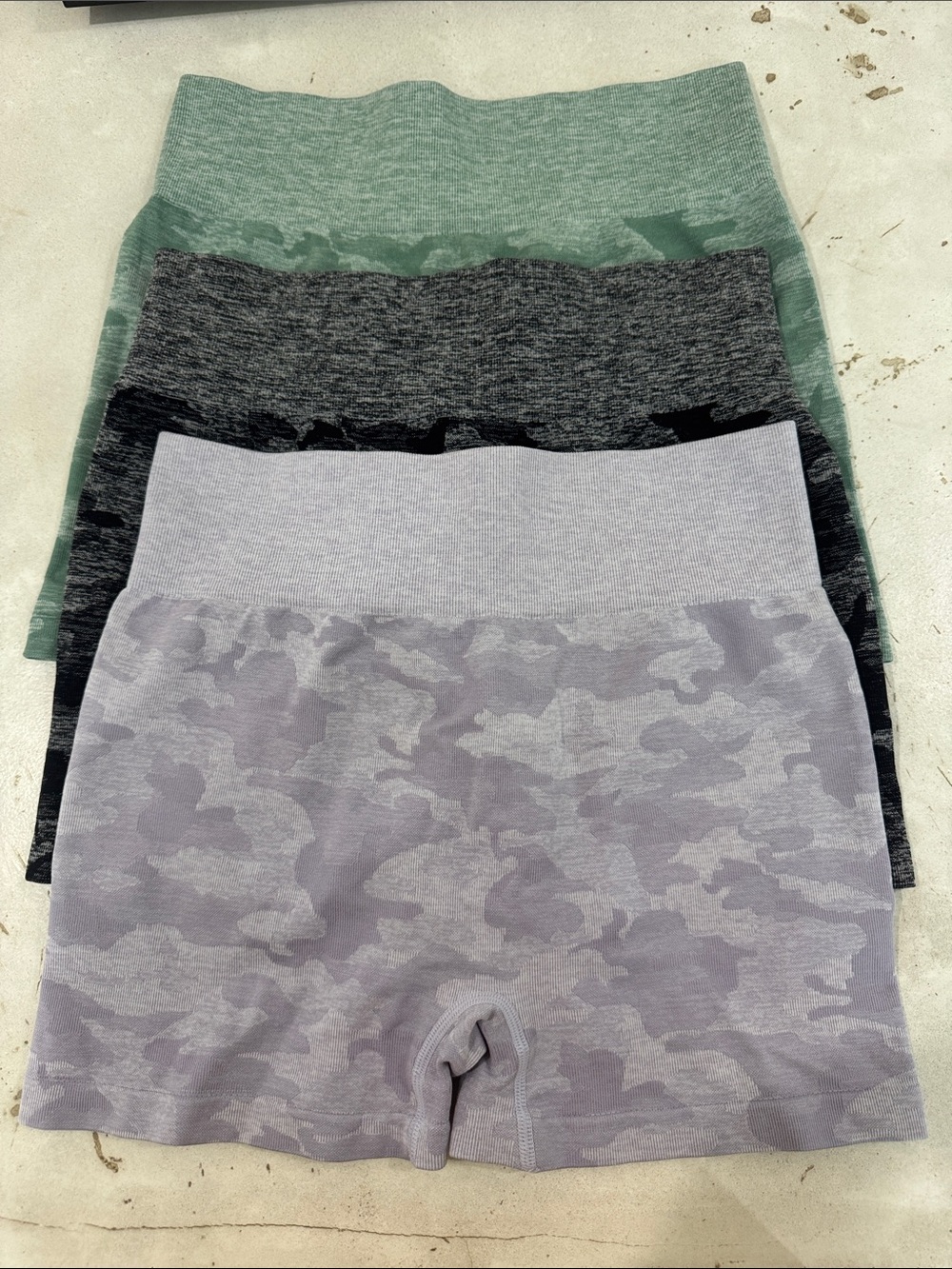 3-Pack Seamless High-Waist Biker Shorts - Green, Charcoal, Lavender Camo